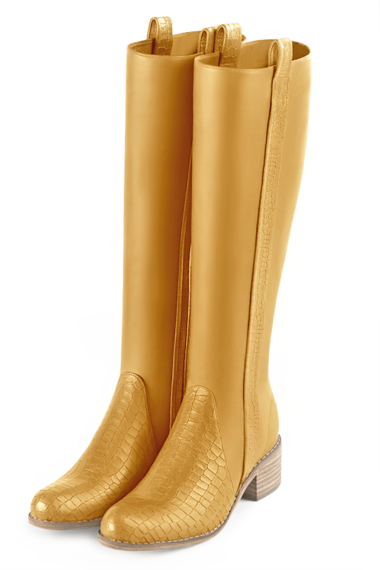 Mustard yellow women's riding knee-high boots. Round toe. Low leather soles. Made to measure. Front view - Florence KOOIJMAN